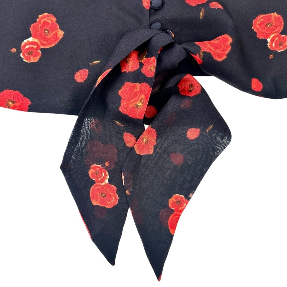 INTERMIX Navy Black Red Floral Tie Waist V-Neck Long Sleeve Silk Blouse z M - Picture 4 of 8